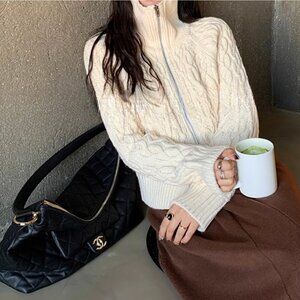 Wool Blend Cropped Fisherman Knit Cream Cable Knit Zip Up Cardigan Sweater